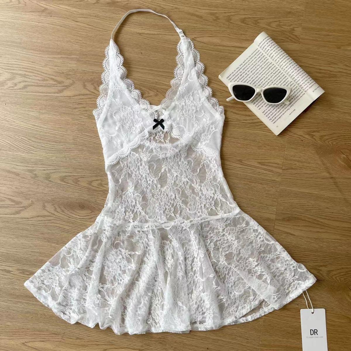 

Сладкое и пикантное кружевное платье с халтером: Сексуальная, Прозрачная, Облегающая, Мини-юбка А-силуэта для начала осени M 50-60 kg