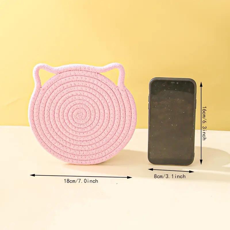 1Pc Cotton Rope Woven Insulation Pad Design Dining Table Tray Mat Insulation Pad Cartoon Cat Ear Shaped Solid Color Dining Table