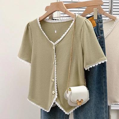 Damen Khaki V-Ausschnitt Spitze Besatz Bluse Lässig Ballonärmel Knopfleiste Unregelmäßiger Saum Oberteil