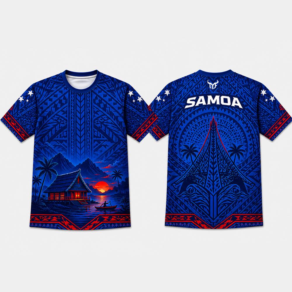 Neues Samoa Vintage Trikot Sport Schnelltrocknendes Fußball T-Shirt Polynesische Stammes-Tattoos Samoanische Meeresschildkröte & Segelboot Grafik Tops