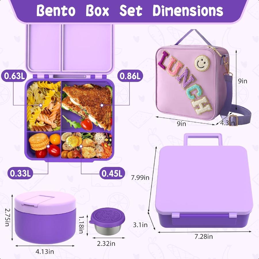 Bento Lunch Box with 8oz Soup Thermo Leakproof Lunch Food Containers with 4 Compartment Insulated Hot Food Jar with Lunch Bag f