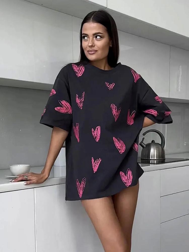 Maglietta casual da donna con scollo a V e stampa a cuore, estiva, a maniche corte, in cotone, da donna, basic, magliette, abbigliamento da donna