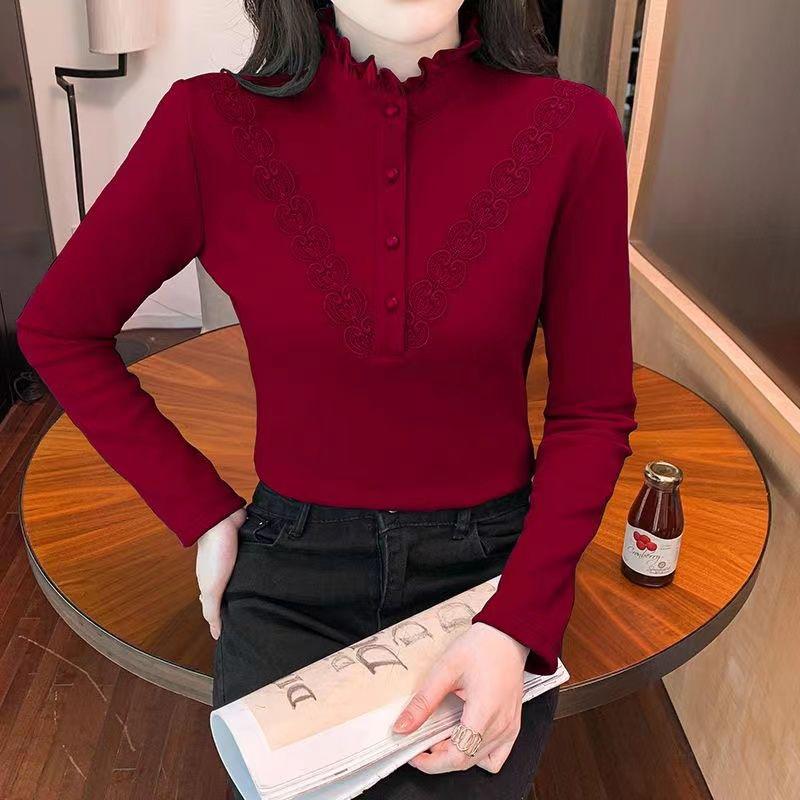 

Brushed Fleece Half-High Collar Long Sleeve Top, M-5XL, Plus Velvet Warm Base Layer for Autumn/Winter XL