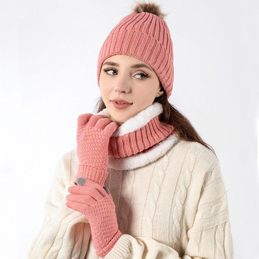 3Pcs/Set Thicken Winter Hat Scarf Gloves Set Plush Lining Touchscreen Gloves for Men Women