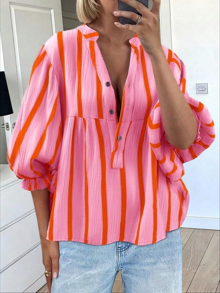 Womens Summer Striped Puff Sleeve Babydoll Blouse V Neck Loose Fit Top