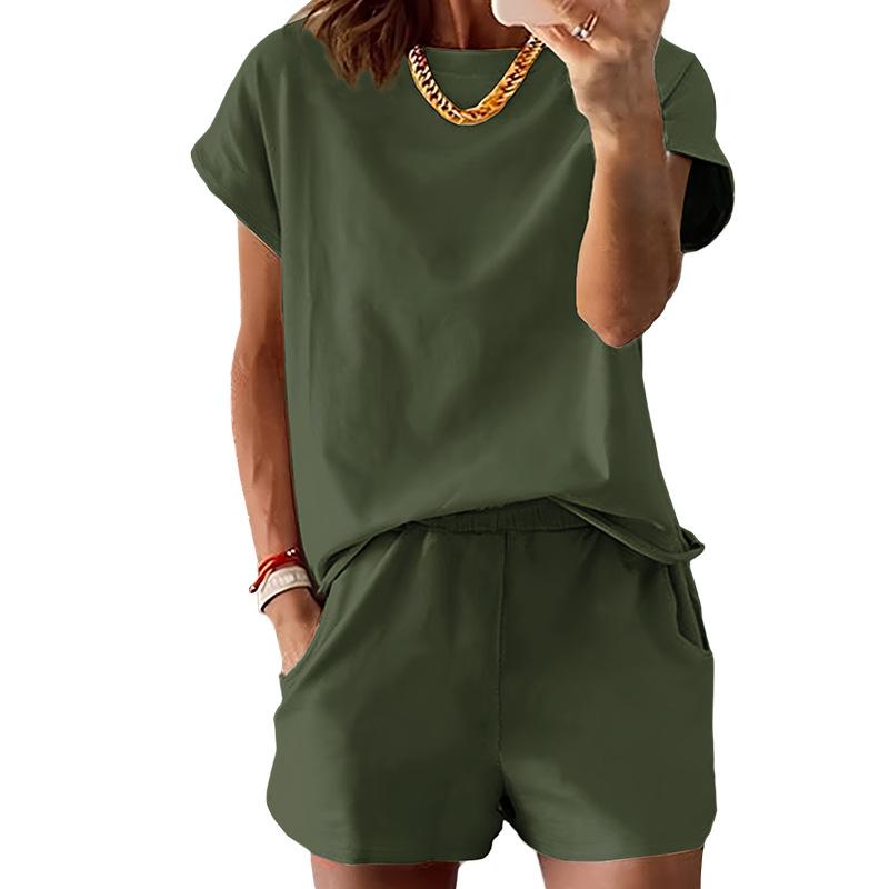 Spring/Summer Solid Color Multi-Color Choice Short-Sleeved T-Shirt + Shorts Set Women'S Casual Comfortable Two-Piece