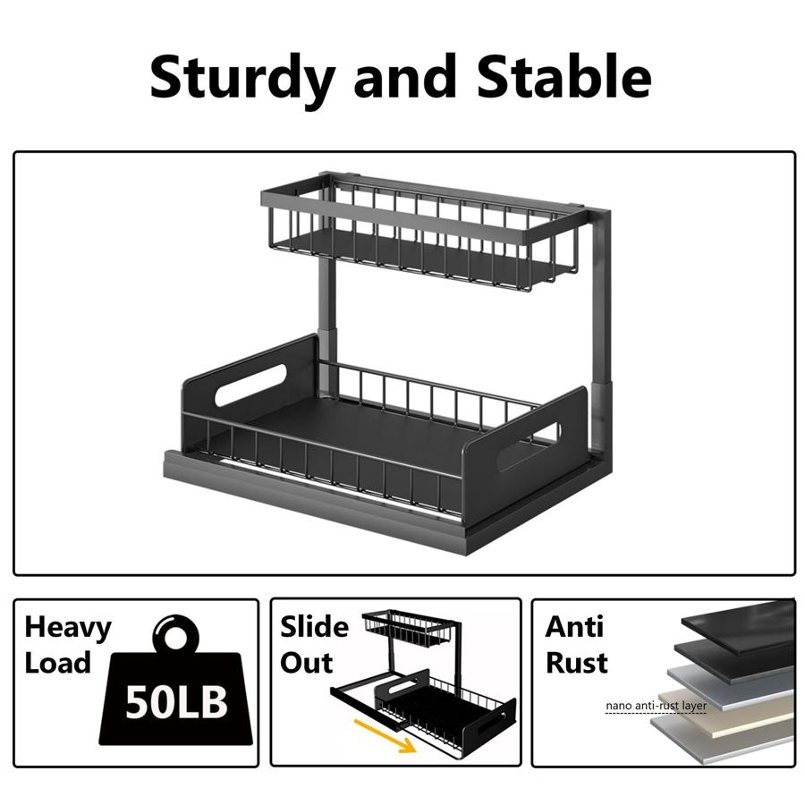 1pc Metal Pull-out Storage Rack, Durable Slide Out Kitchen Cabinet Under Sink Bathroom Bedroom Organizer for Book, Seasoning XJM
