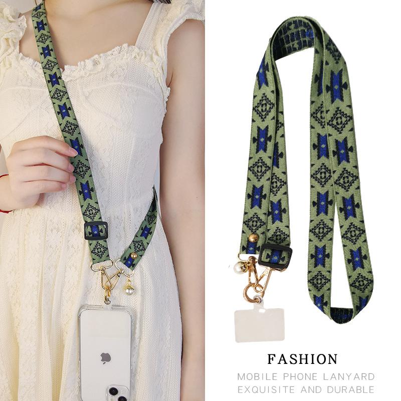 Mobile phone lanyard Long crossbody with shoulder back Ethnic style pearl pendant Retro pattern Adjustable neck wide cloth belt