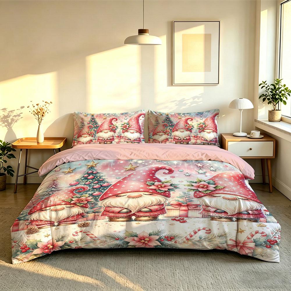 3 Pcs Christmas Duvet Cover Set Three Gnome Santa Christmas Tree Print Warm Bedding Set 1 Cover 2 Pillowcases