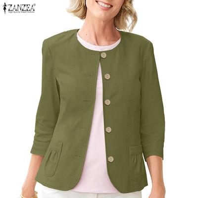 Women Casual Round Neck Solid Color 3/4 Sleeve Cotton Blouse
