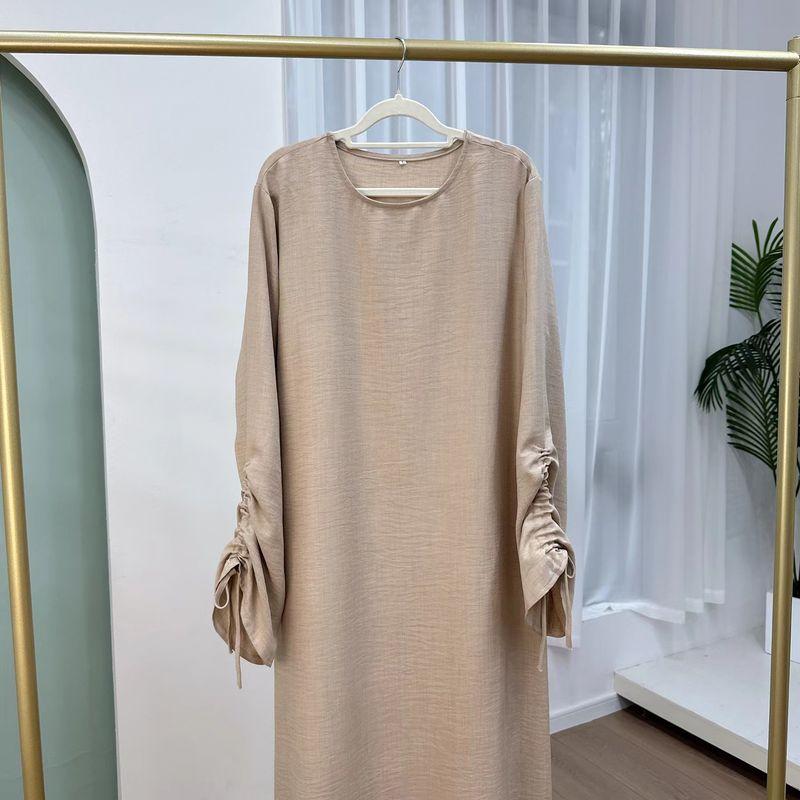 

Middle East New round Neck Pure Color Cuff Shoelace Dress round Neck Cuff Lace up Dress Apricot 2XL