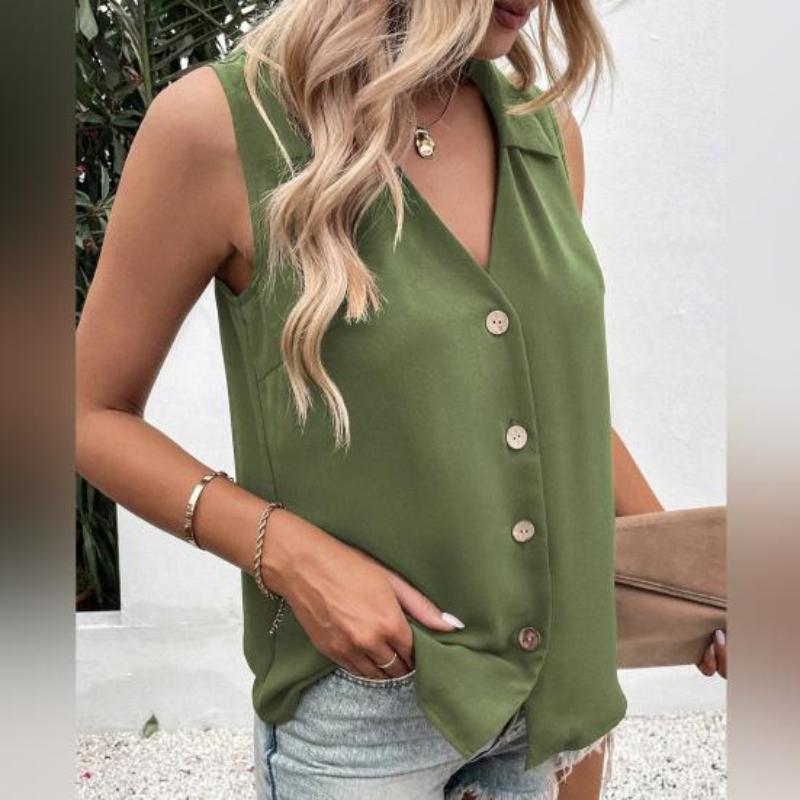 Women Casual Summer Vest Tshirt Solid Color Tank Top Oversize Vneck Sleeveless Button Singlebreasted Mid Length Soft Breathable Female Clothes