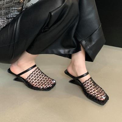 High-Heeled Mesh Sandals Bag Head Half Slippers Women'S Summer Wear French Skirt Sandals Fashionable Hole Shoes