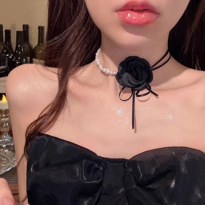 Lolita Camellia Choker Necklace for Women - Dark Clavicle Chain, Maid Style Neckband Collar
