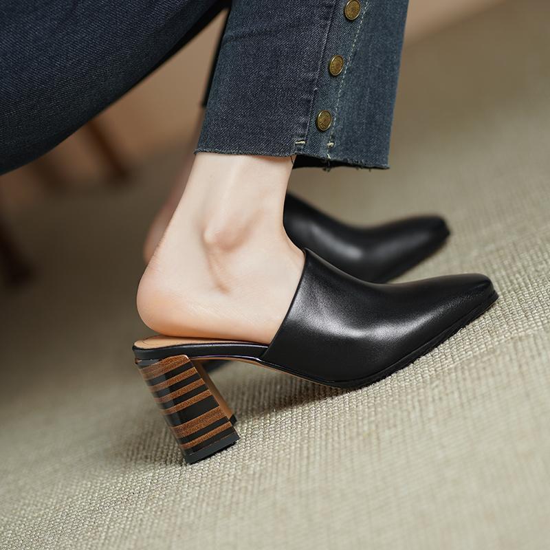 Fashion 2025 New Genuine Leather Fashion Shoes Women High Heels Square Toe Mules Slippers Ladies Office Dress Shoes Sandales Pumps