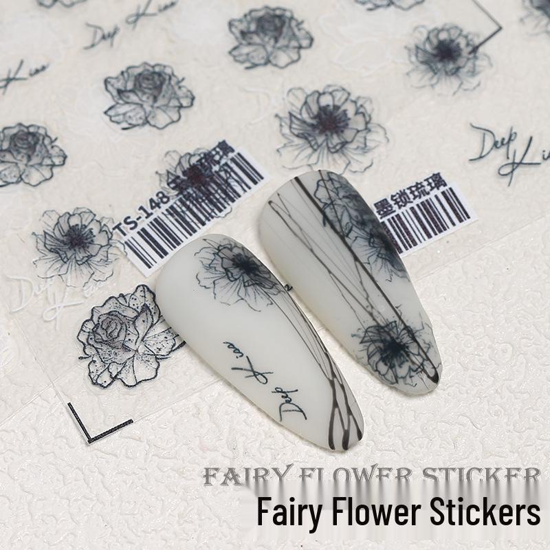 

Retro Black and White Self-Adhesive Rose Nail Stickers - Semi-Transparent Japanese Style Decals