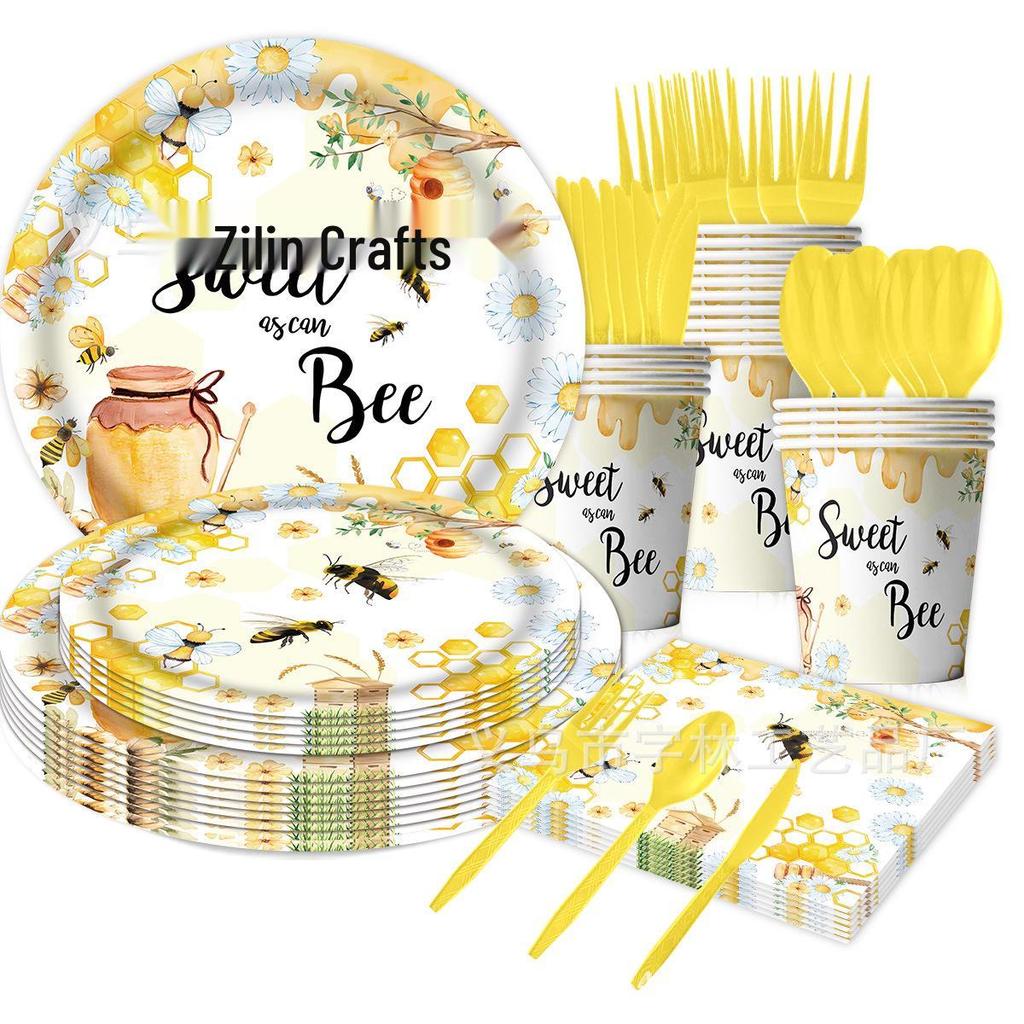 Spring Bee-Themed Birthday Party Disposable Tableware Set: Tablecloth, Napkins, Plates, Decorations.