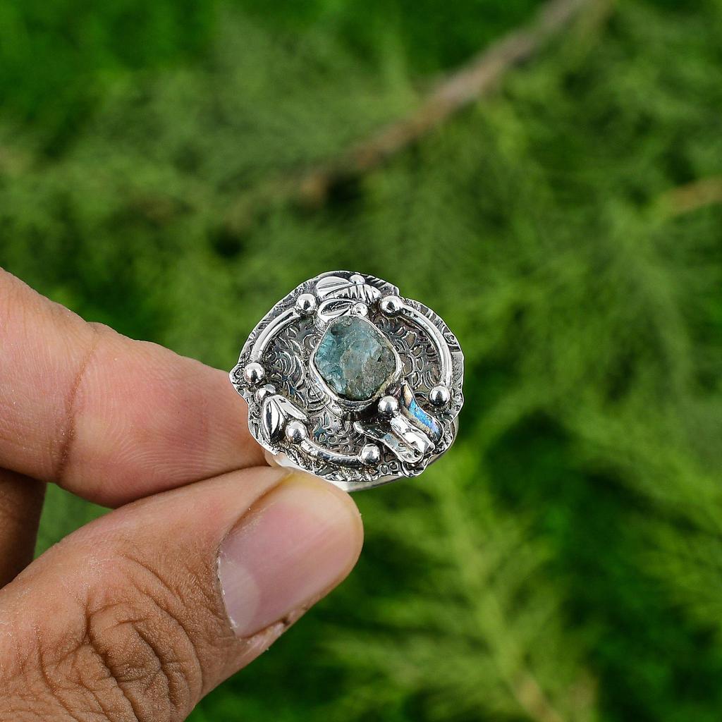 Sterling Silver Octagon Neon Apatite Rough Gemstone Daughter Promise Trendy Ring