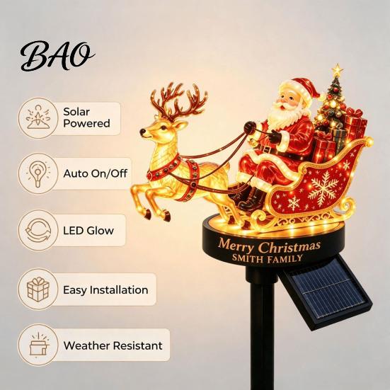 Weather Resistant Yard Art Santa And Reindeer Sleigh Solar Garden Stake Light, Warm LED Christmas Pathway Path Lights Lamp, Powered Outdoor Waterproof