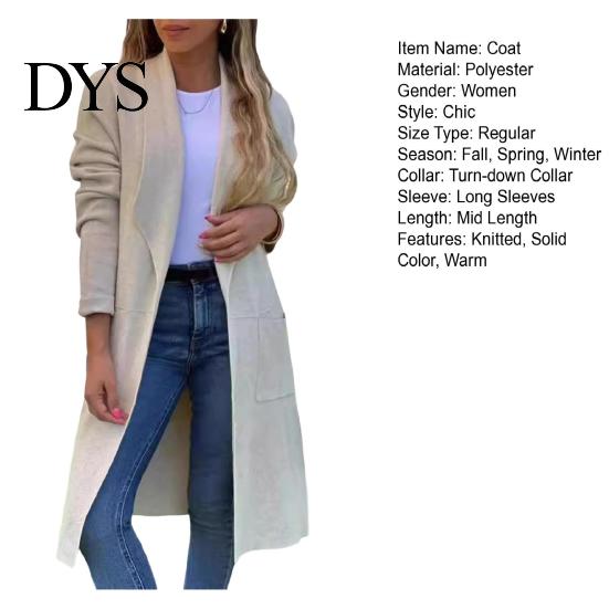 Winter Coat Women Woolen Jacket Turn-down Collar Solid Color Knitted Mid Length Thermal Long Sleeved Commuting Dating Spring Fall Overcoat Lady Thick