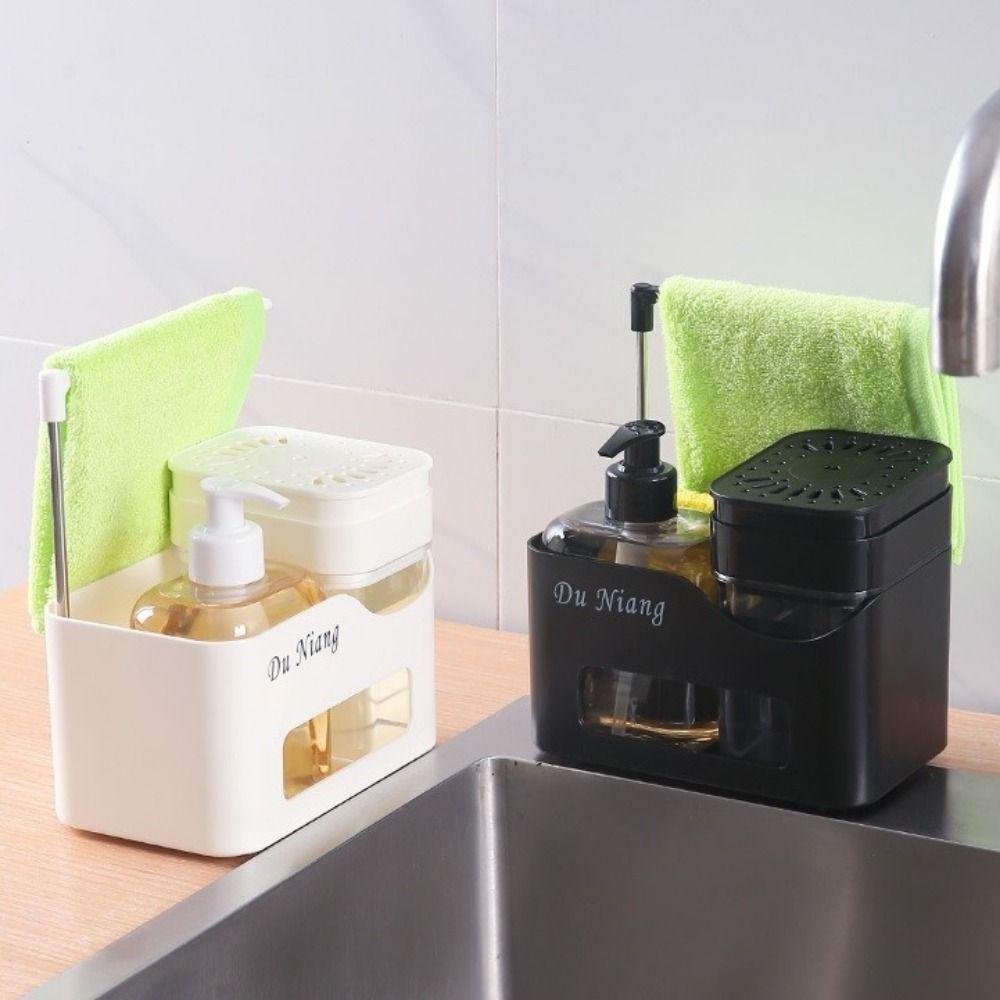 4-in-1 Hand- und Geschirrspülmittelspender Set Nachfüllbarer Kunststoff-Druckseifenspender mit Schwammhalter Lappenhalter