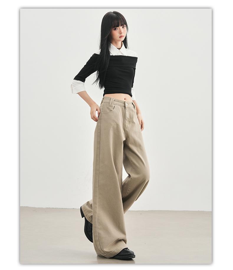 Romon Autumn/Winter Jeans Women's American Khaki High Waist Straight Tube Versatile Loose Look Thin Wide Legs Floor length Pants