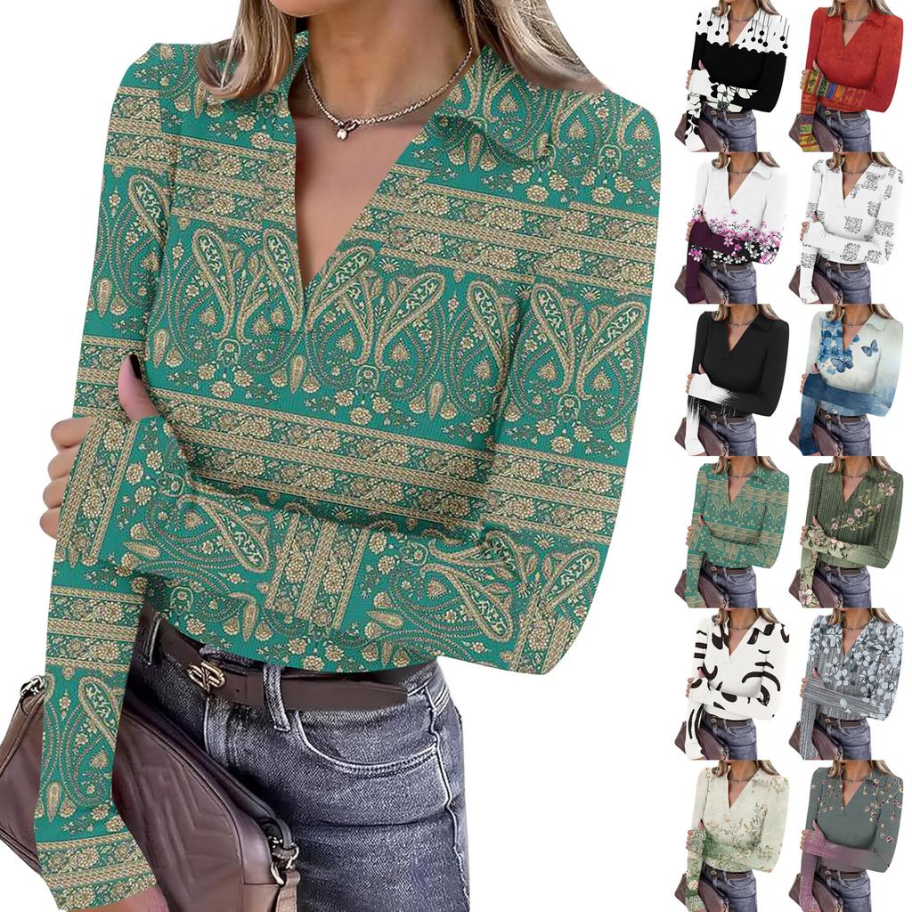 Women's Fashion Casual Print V-Neck Long Sleeve Button-Down Top