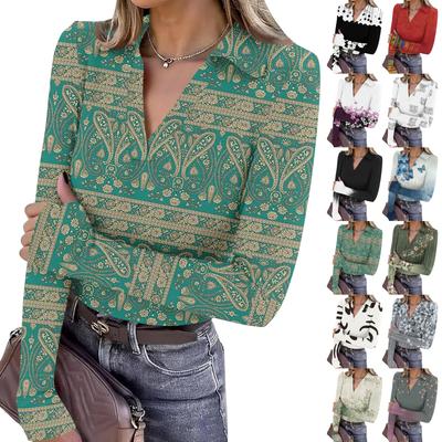 Women's Fashion Casual Print V-Neck Long Sleeve Button-Down Top