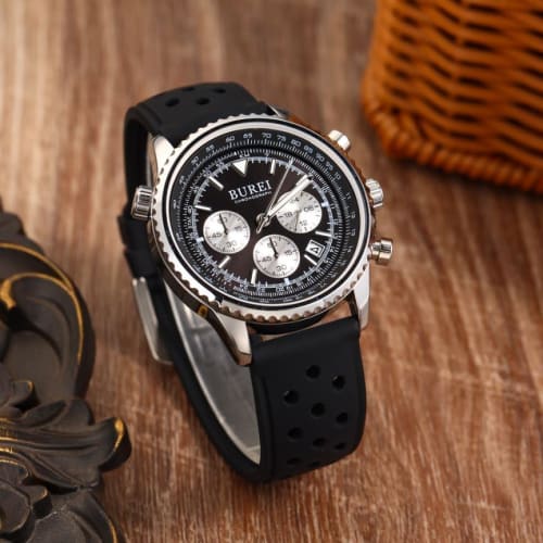 BUREI Men's Quartz Chronograph Watch, Waterproof, Analog, Date Display, Urethane Strap, Black, Gift for Men