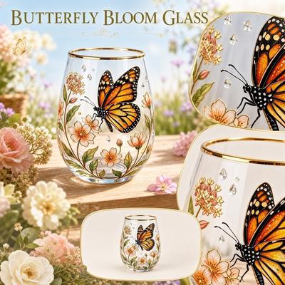 Glass Tumbler with Butterfly and Floral Design Handcrafted Stemless Whiskey Glass Bouquet Pattern Decorative Drinkware for Home Bar Parties