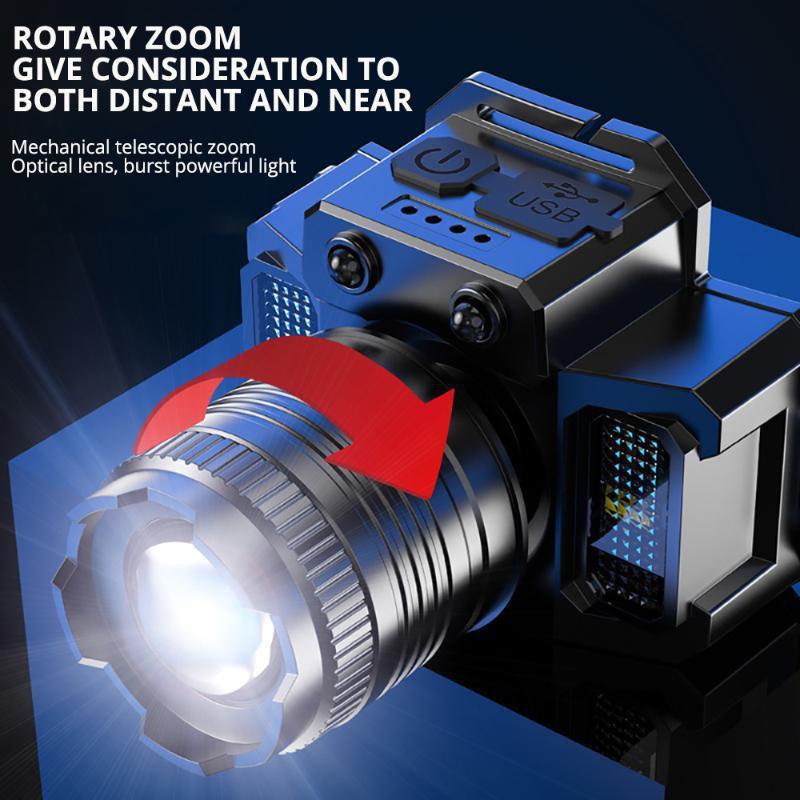 Silný světelný senzor Přední světlomet Přenosný LED otočný zoom světlomet USB dobíjecí vodotěsná venkovní lampa na hlavu LM