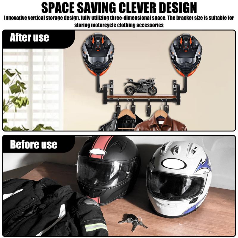 Helmet Holder Wooden Wall Mount Motorcycle Helmet Display Stand with 4 Clip and 2 Hook Multi-purpose Riding Suits Storage Rack