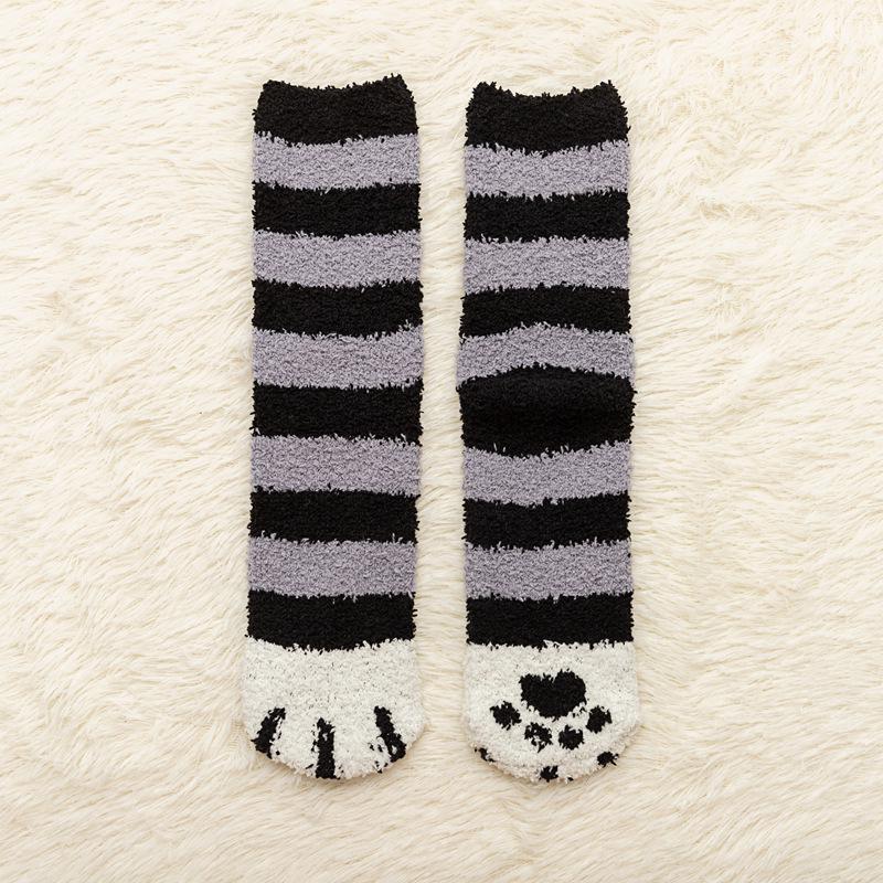 Non-Slip Coral Fleece Cat Paw Mid-Calf Sleep Socks - Women's Warm Cartoon Maternity Socks for Autumn & Winter