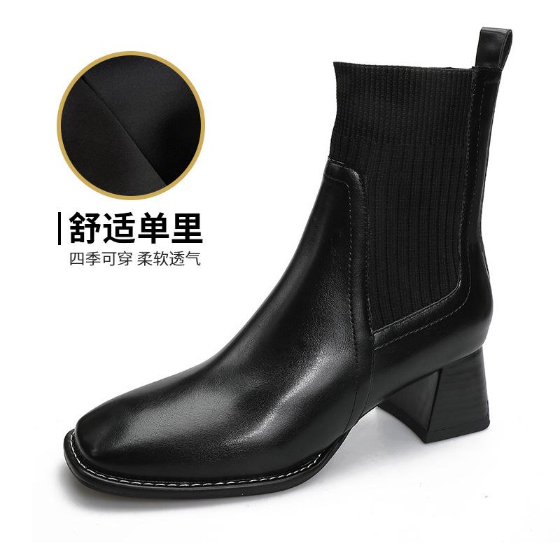 British style 2024 new women's boots thick heel square head short boots high heel soft leather boots elastic boots medium heel spring and autumn sing