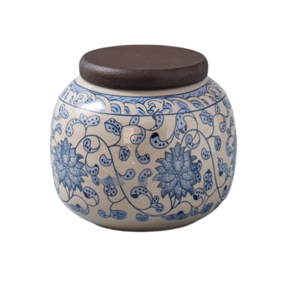 Wood Lid Traditional Chinese Tea Canister Ceramic Tea Leaf Can Tea Storage Jar Living Room
