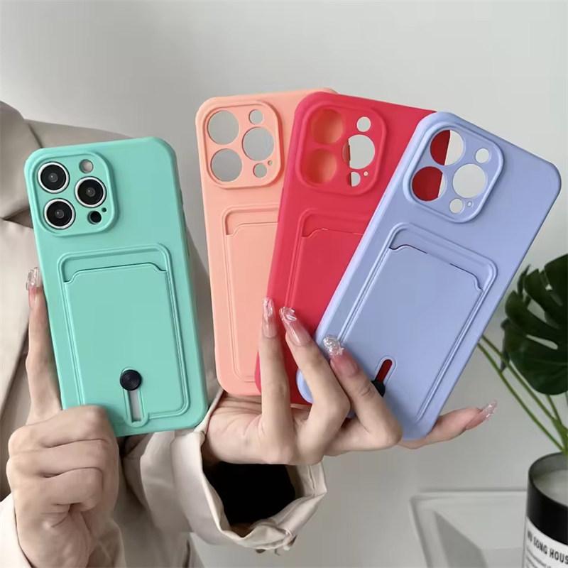 Push Card Bag Slot Holder Wallet Phone Case For iPhone 16 15 14 11 12 13 XS XR Pro Max Plus Mini 7/8 16E Shockproof Soft Matte Silicone Back Cover