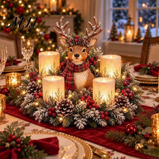Decorative Evergreen Lamp Christmas Animal Candle Holder Figurine, Resin LED Flameless Holiday Centerpiece Light, Desktop Ornament for Mantel