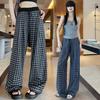Retro Blue Plaid Wide-Leg Pants - Spring/Summer 2026 Collection, Lazy Style, Drapey Straight-Leg Casual Pants