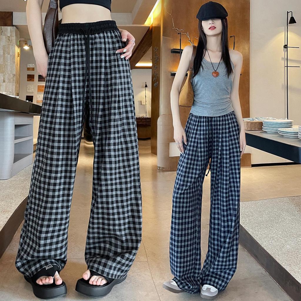 Retro Blue Plaid Wide-Leg Pants - Spring/Summer 2026 Collection, Lazy Style, Drapey Straight-Leg Casual Pants