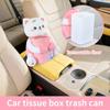 Car Tissue Box Holder 2 in 1 Cat Storage Organizer Cartoon Cute Car Trash Can Storage Box for Center Console Truck SUV RV Sedan