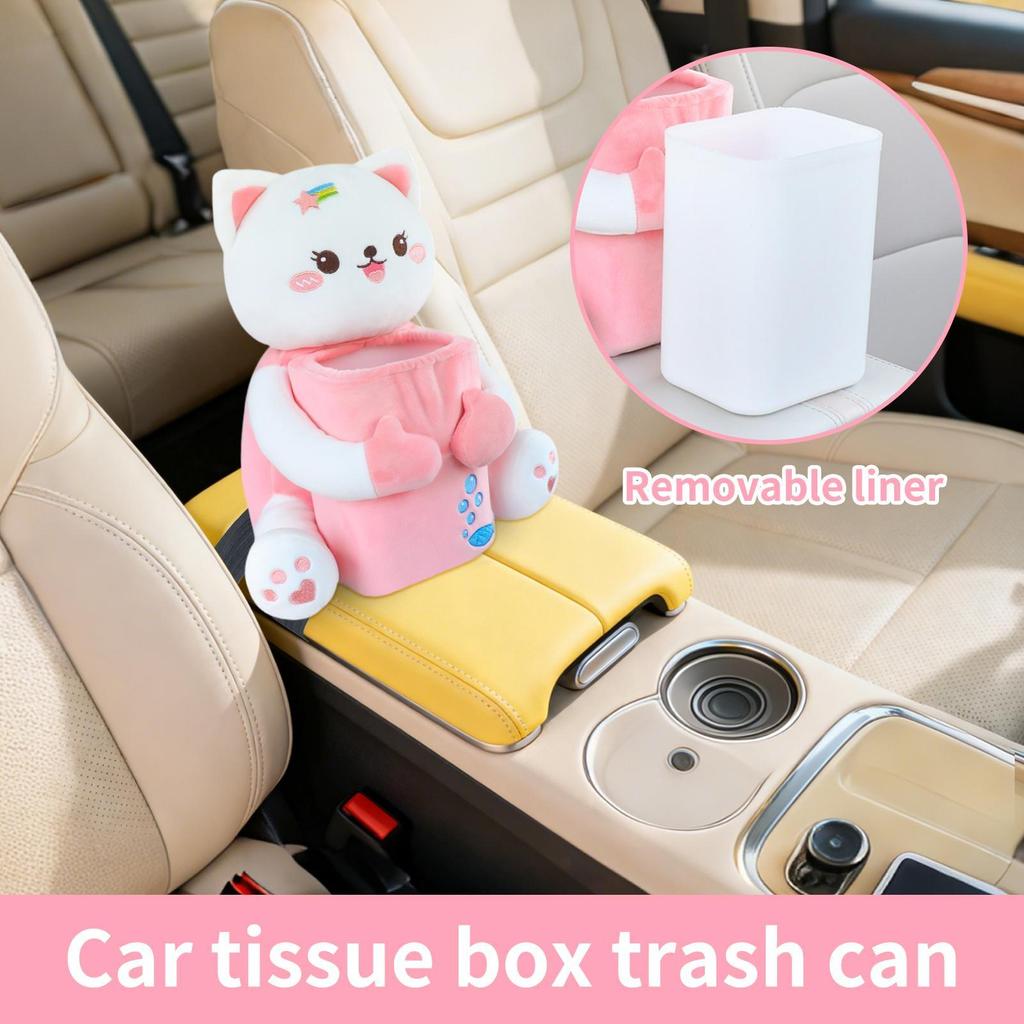 Car Tissue Box Holder 2 in 1 Cat Storage Organizer Cartoon Cute Car Trash Can Storage Box for Center Console Truck SUV RV Sedan