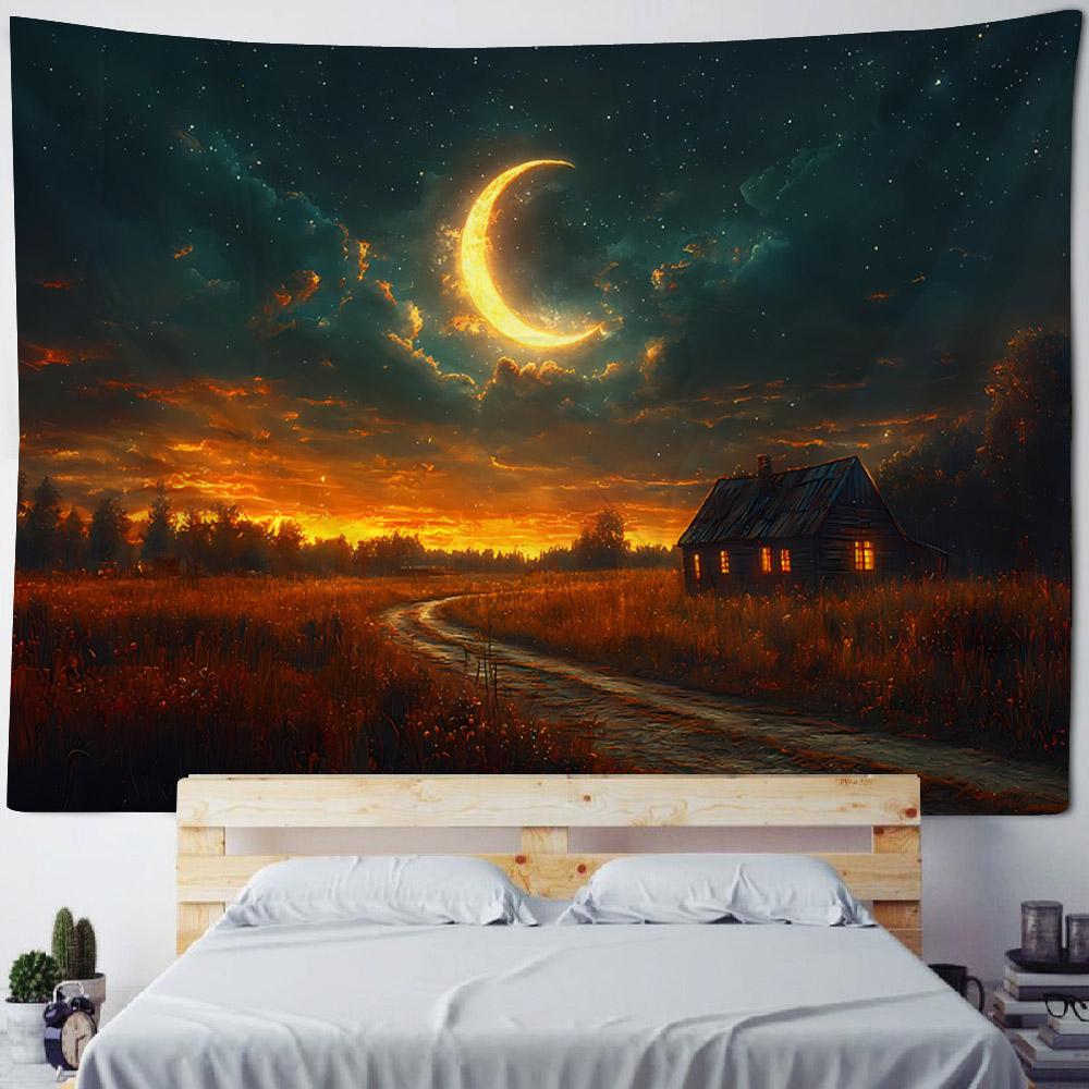 Cielo stellato, luna luminosa, decorazione murale notturna, arazzo, appendiabiti da parete per la casa, cartone animato, hippie, poster di sfondo artistico psichedelico