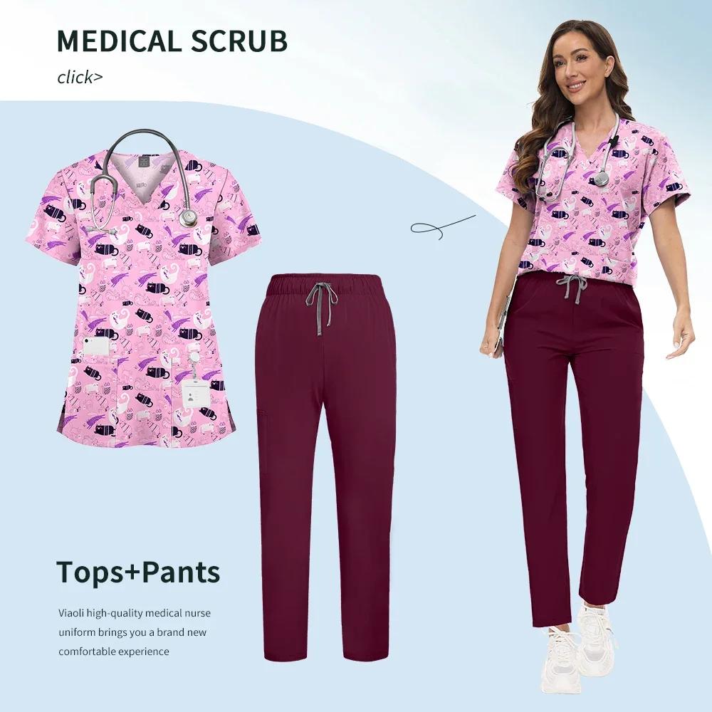 Printed Scrub Uniform Set V Neck Short Sleeves Pockets Top Medical Soft Scrub Pants Sets Nurse Surgical Uniforms Woman