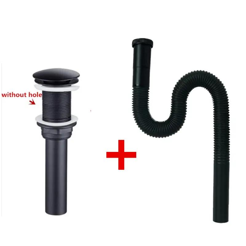 Matte Black Bathroom Lavatory Vanity Vessel Sink Drain, Black Pop Up Drain Stopper, Flip-Top, Flexible Drain Bending Pipe DR90