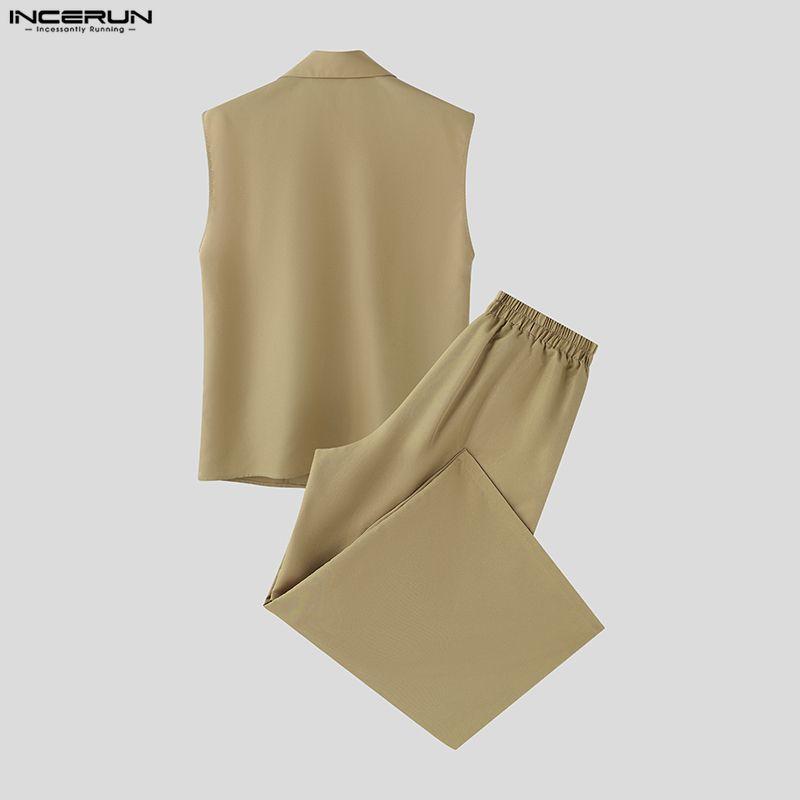 INCERUN 2PCS Men Sleeveless Thin Blazer Tops Long Pants Casual Sets Outfits