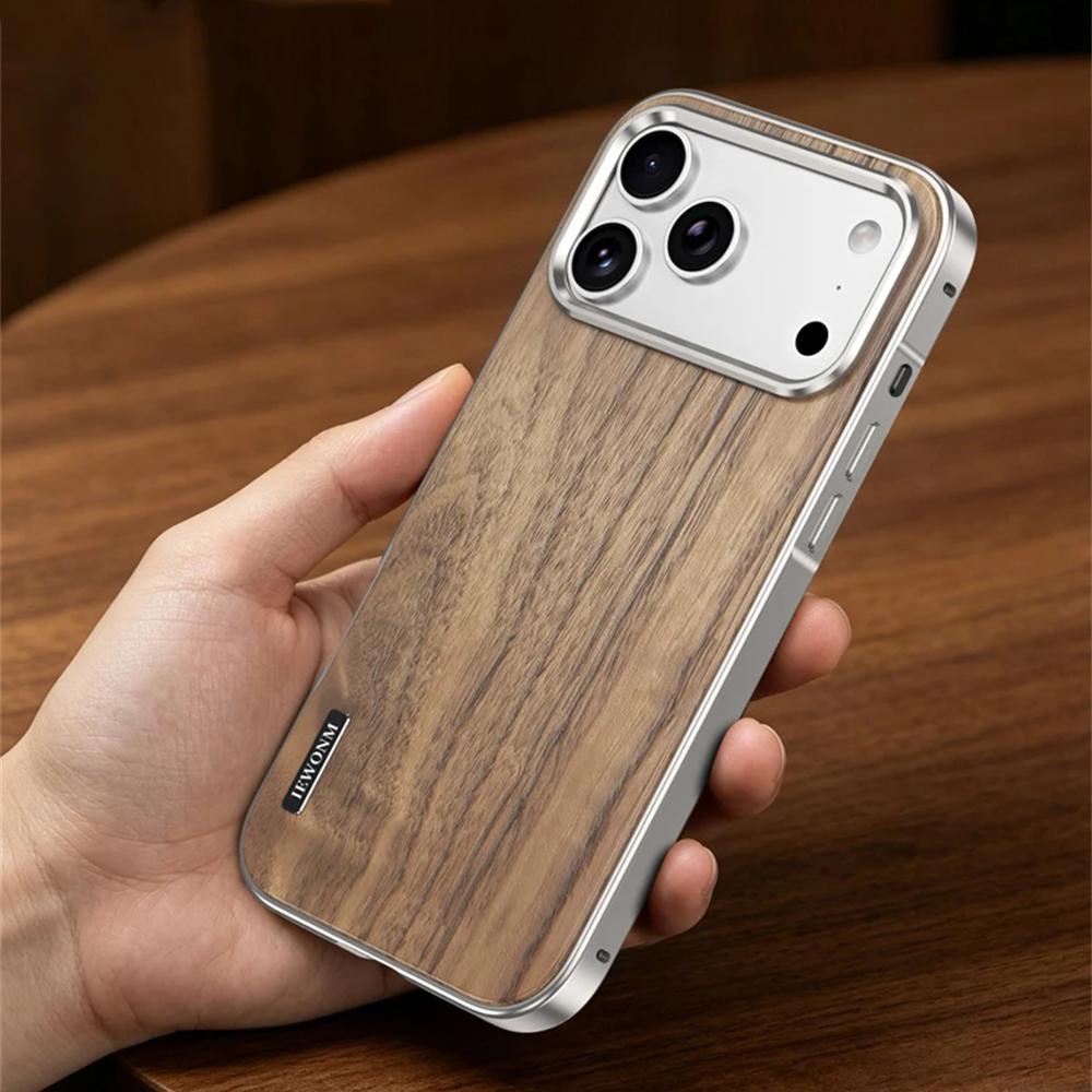 Luxury For iPhone 17 16 15 Pro Max Alloy Solid Wood Back Panel Hybrid Phone Case For Magsafe Wireless Charging Aluminum Alloy Cover