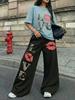 Amerikanischer Retro Street Trend Cool Buchstabendruck Kurzarm-T-Shirt Weite Hosen Set Damen Lässig Locker Sport Zwei Teile