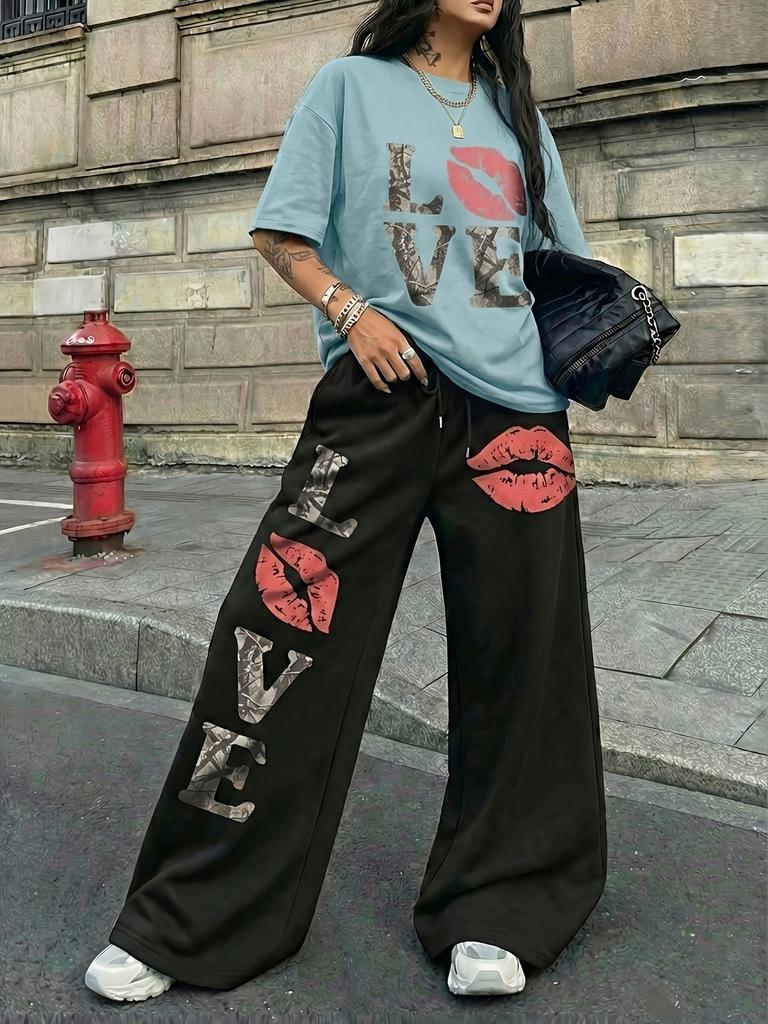 Amerikanischer Retro Street Trend Cool Buchstabendruck Kurzarm-T-Shirt Weite Hosen Set Damen Lässig Locker Sport Zwei Teile