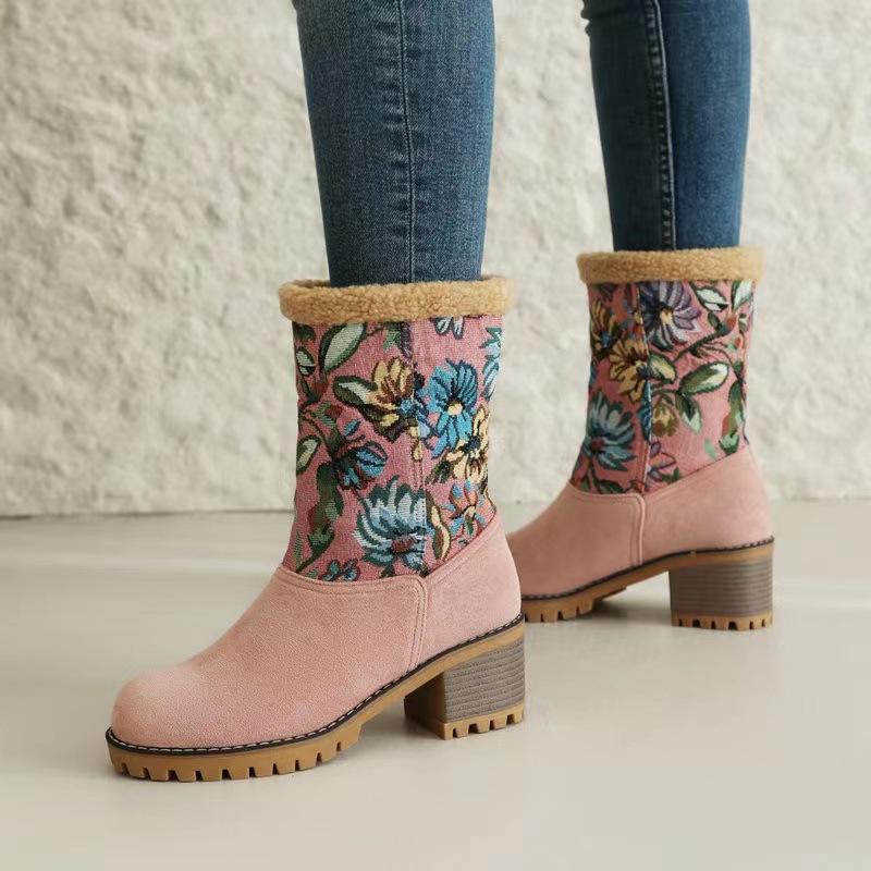 Women's snow boots suede autumn and winter new thick-soled waterproof table thick heel high heel warm cotton shoes flower splicing short boots