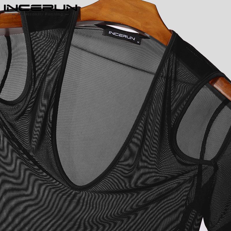 INCERUN Men V Neck Mesh Stretch Off Shoulder Sheer Tops Sexy Transparent T-shirts